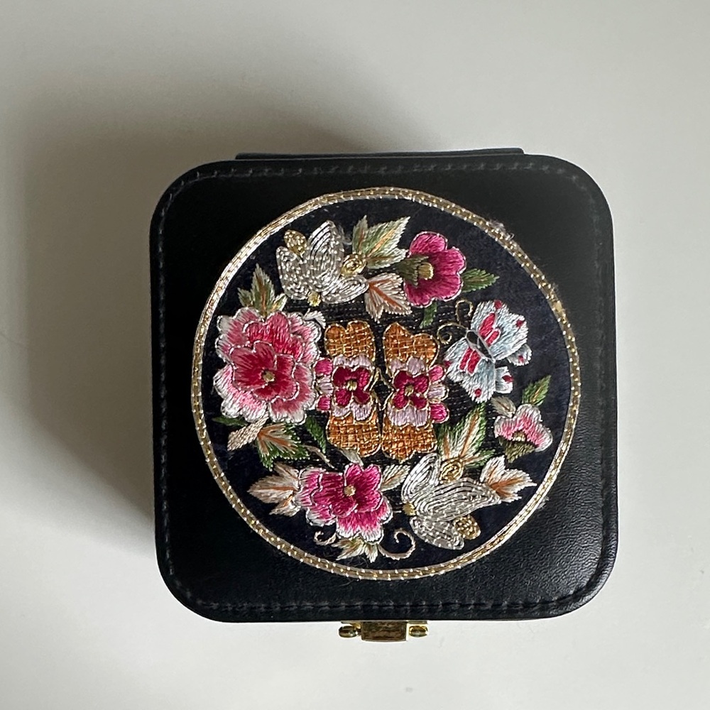 Floral Embroidered Black Jewelry Box